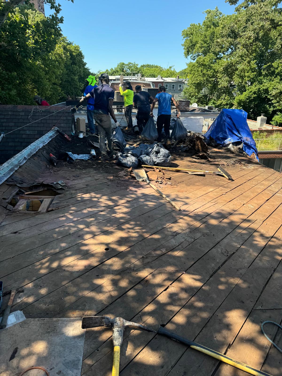 New metal framing on a wooden deck base